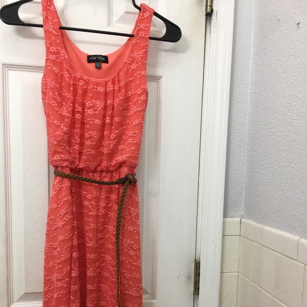 Peach colored dress with brown braided belt